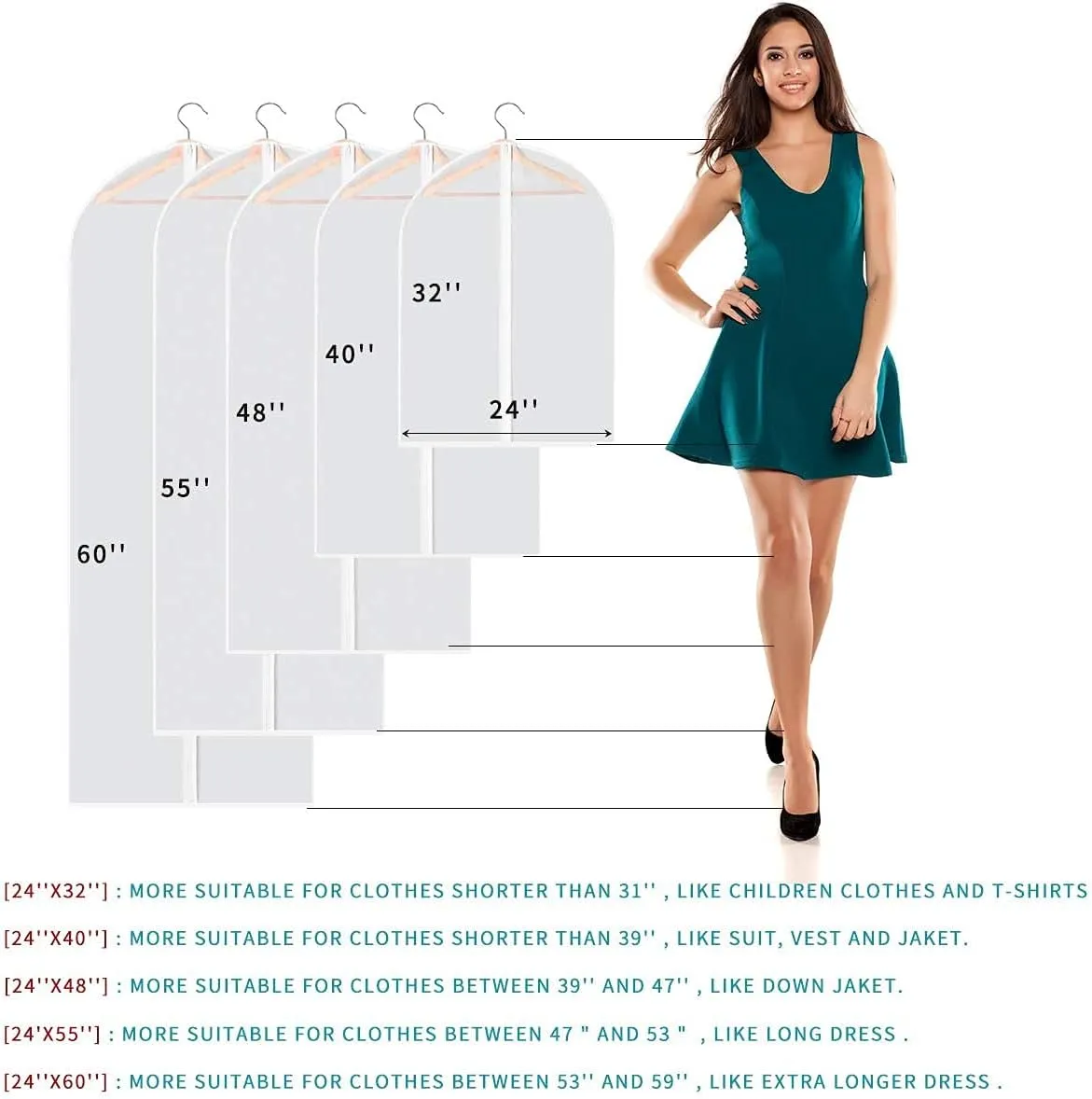 10 Packs Garment Bags for Hanging Clothes, Translucent Suit Bags for Closet Storage, Plastic Waterproof Suit Cover Bags with Zipper for Coats, Jackets, Dresses (24" x 31" & 40" & 48")