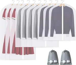 10 Packs Garment Bags for Hanging Clothes, Translucent Suit Bags for Closet Storage, Plastic Waterproof Suit Cover Bags with Zipper for Coats, Jackets, Dresses (24" x 31" & 40" & 48")