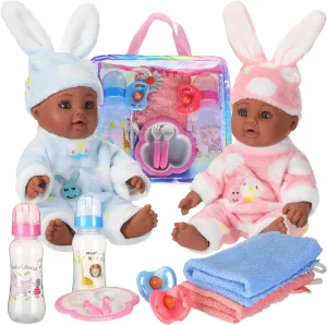 10 Pcs Realistic Twin Baby Dolls Toy Set Include 2 Pcs 12 Inch Baby Dolls, Feeding Set, Pacifiers, Doll Diapers, Bags, Milk Bottles Removable Outfit for Toddler Kids 6  Gift(Black)