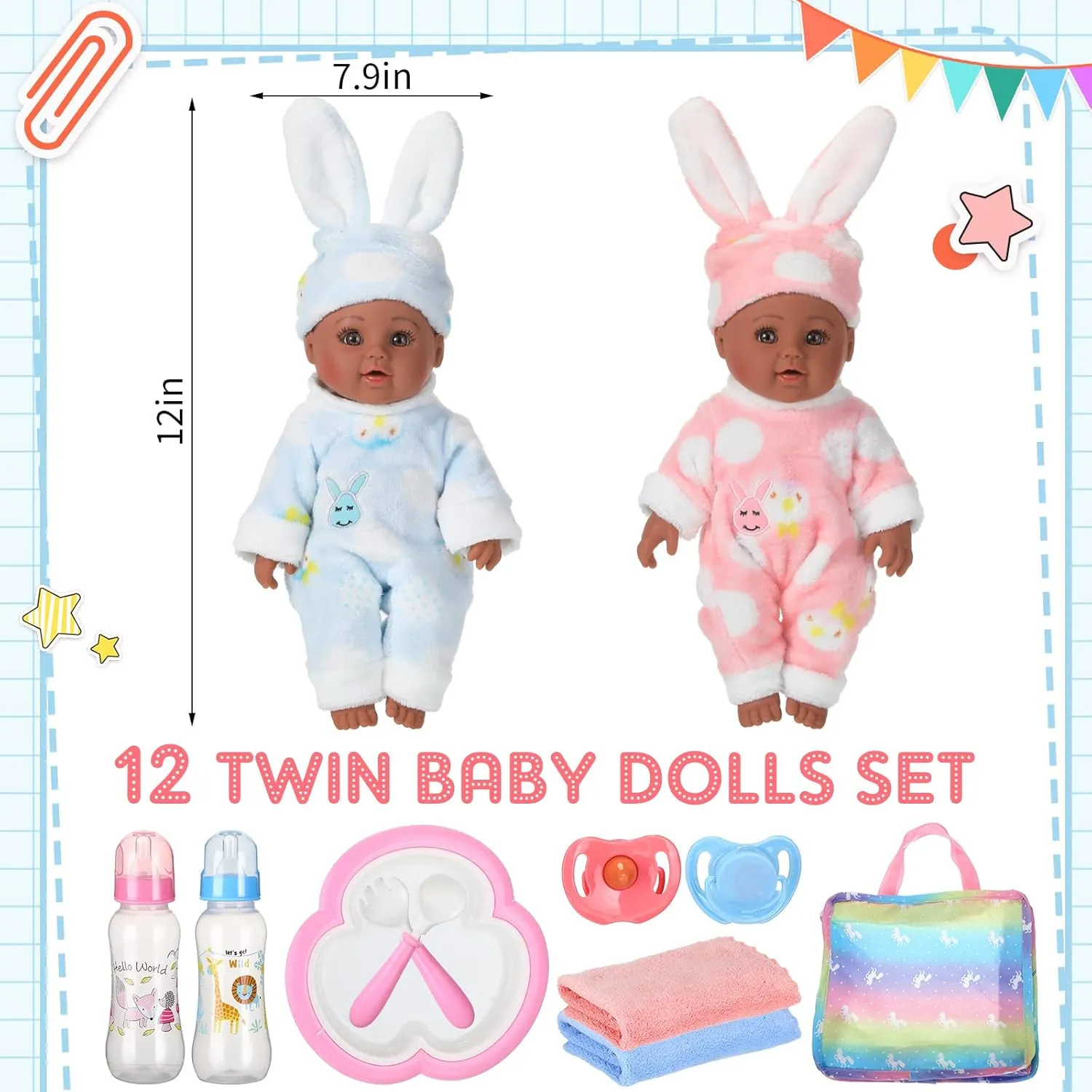 10 Pcs Realistic Twin Baby Dolls Toy Set Include 2 Pcs 12 Inch Baby Dolls, Feeding Set, Pacifiers, Doll Diapers, Bags, Milk Bottles Removable Outfit for Toddler Kids 6  Gift(Black)