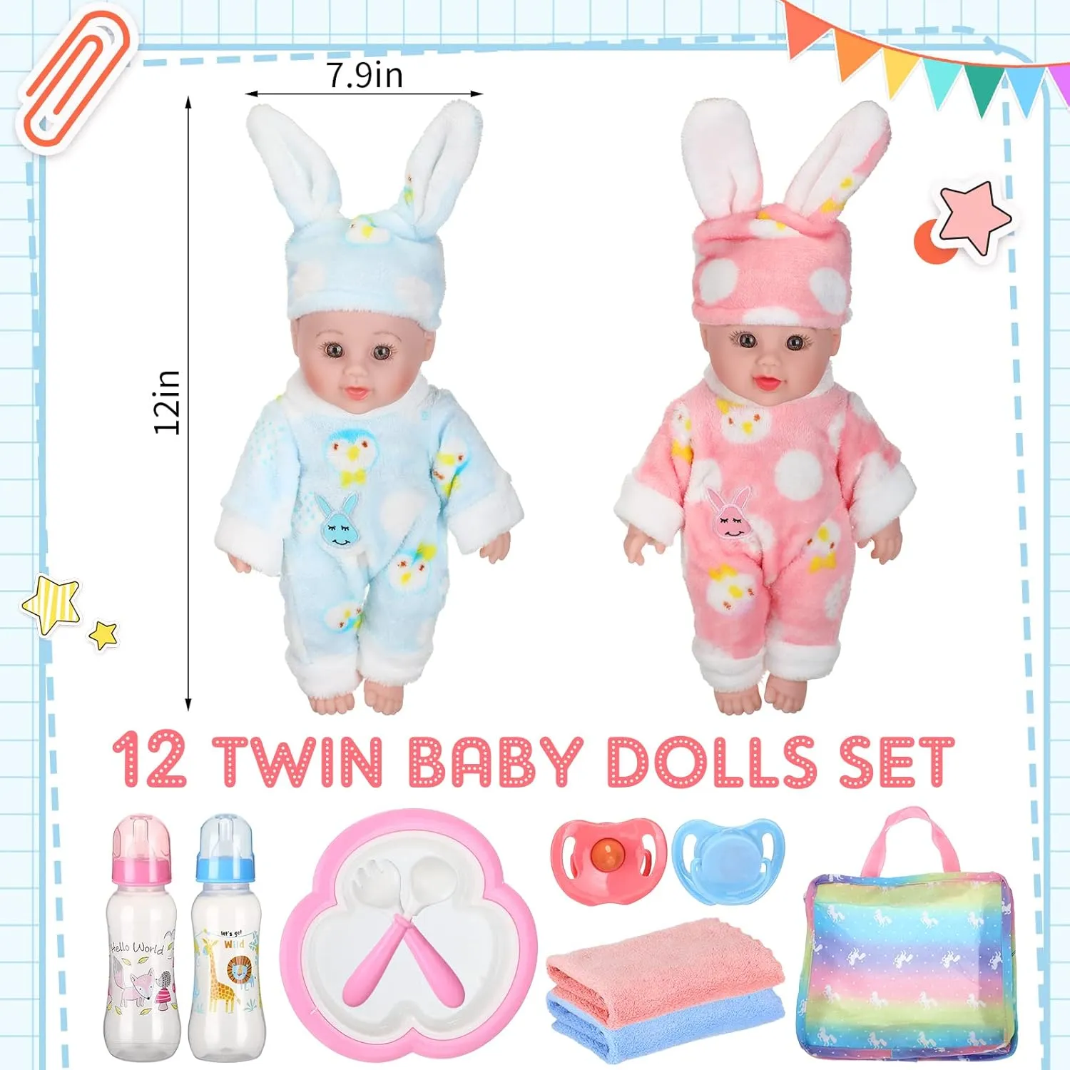 10 Pcs Realistic Twin Baby Dolls Toy Set Include 2 Pcs 12 Inch Baby Dolls, Feeding Set, Pacifiers, Doll Diapers, Bags, Milk Bottles Removable Outfit for Toddler Kids 6  Gift(White)