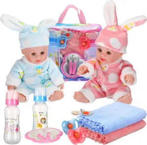 10 Pcs Realistic Twin Baby Dolls Toy Set Include 2 Pcs 12 Inch Baby Dolls, Feeding Set, Pacifiers, Doll Diapers, Bags, Milk Bottles Removable Outfit for Toddler Kids 6  Gift(White)