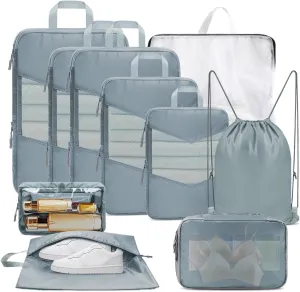 10 Set Compression Packing Cubes for Travel, Suitcase Organizer Bags Set for Travel Accessories, Lightweight Travel Essentials, Grey