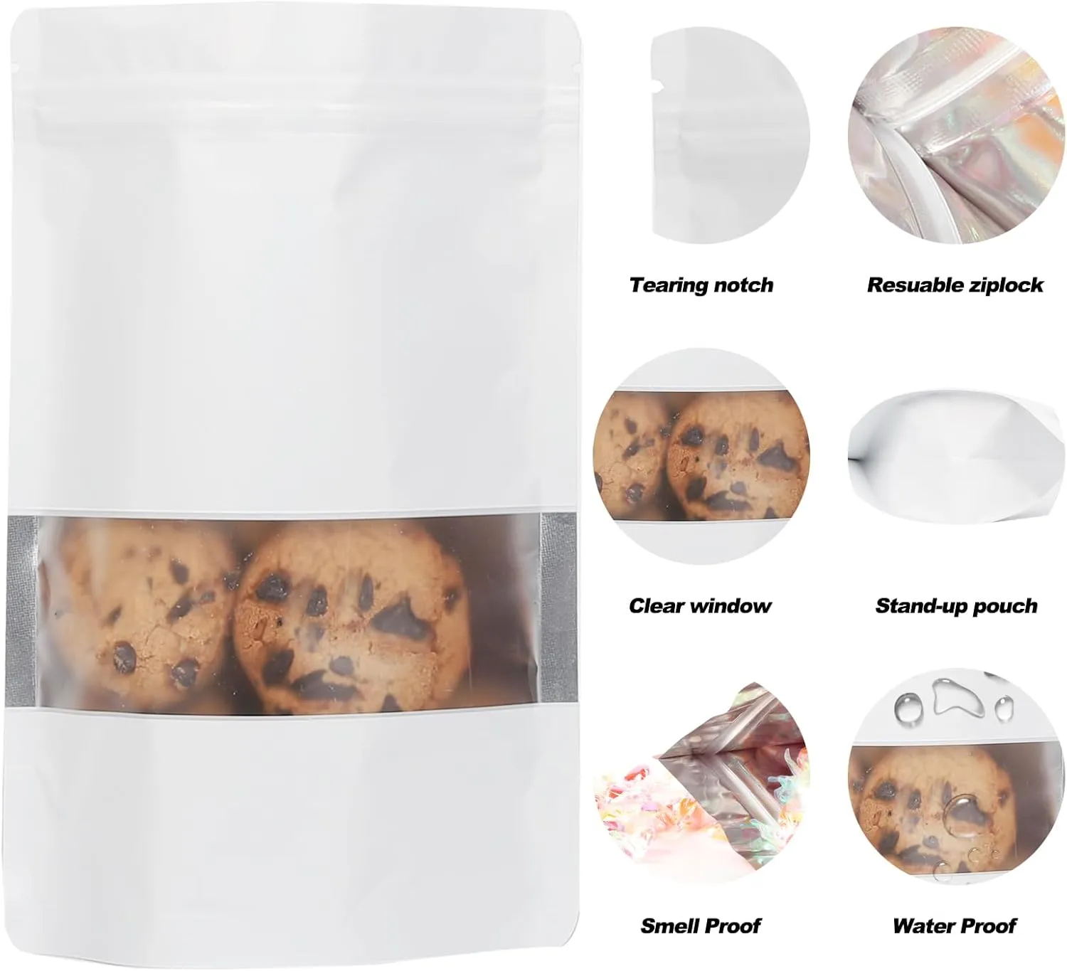 100 Pack Smell Proof Bags, Resealable Mylar Bags with Matte Window, Foil Pouch Stand-up Bags for Food Self Sealing Storage, Scratch Resistant Hand Storage Bags.(White, 6.3×9.4 Inch)