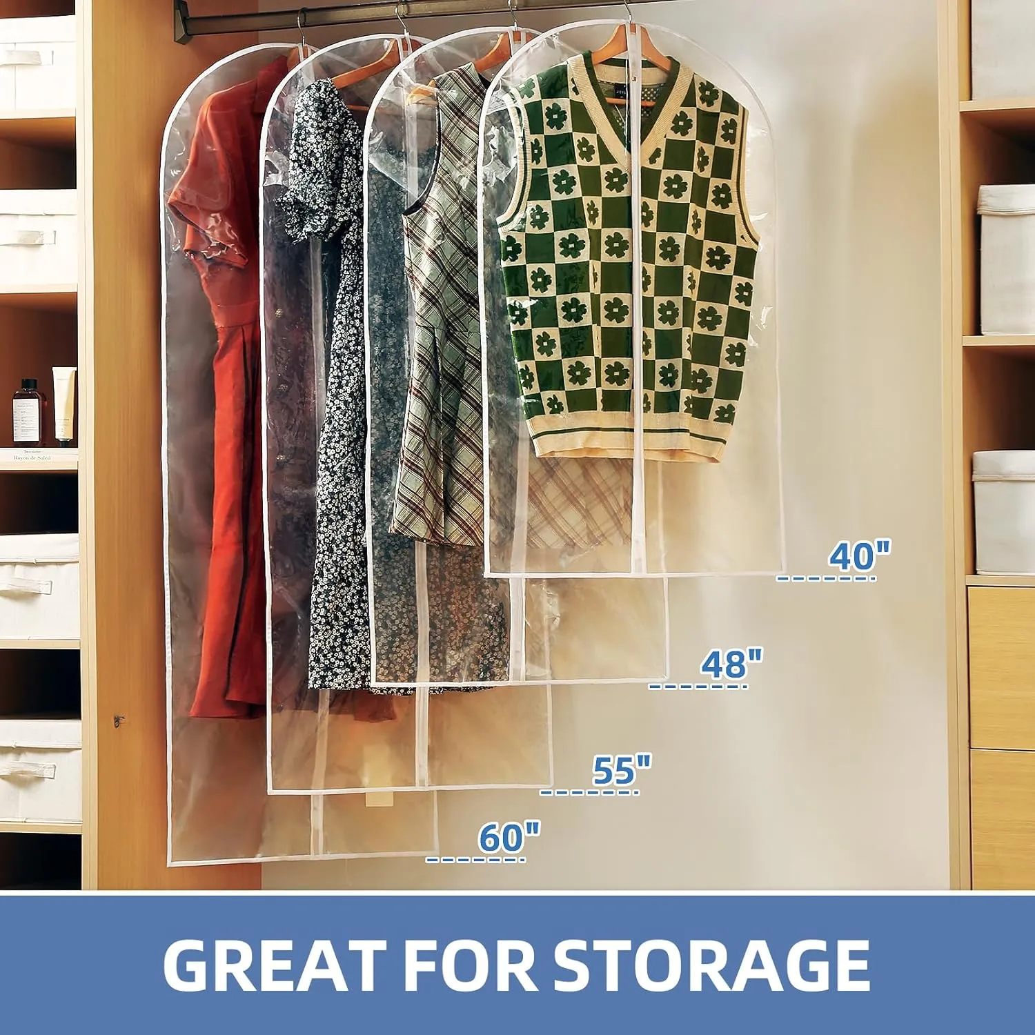 12 Packs All Clear Garment Bags for Hanging Clothes, Suit Bags for Closet Storage, Plastic Waterproof Suit Cover Bags with Zipper for Coats, Jackets, Dresses (24" x 40" & 48" & 55")