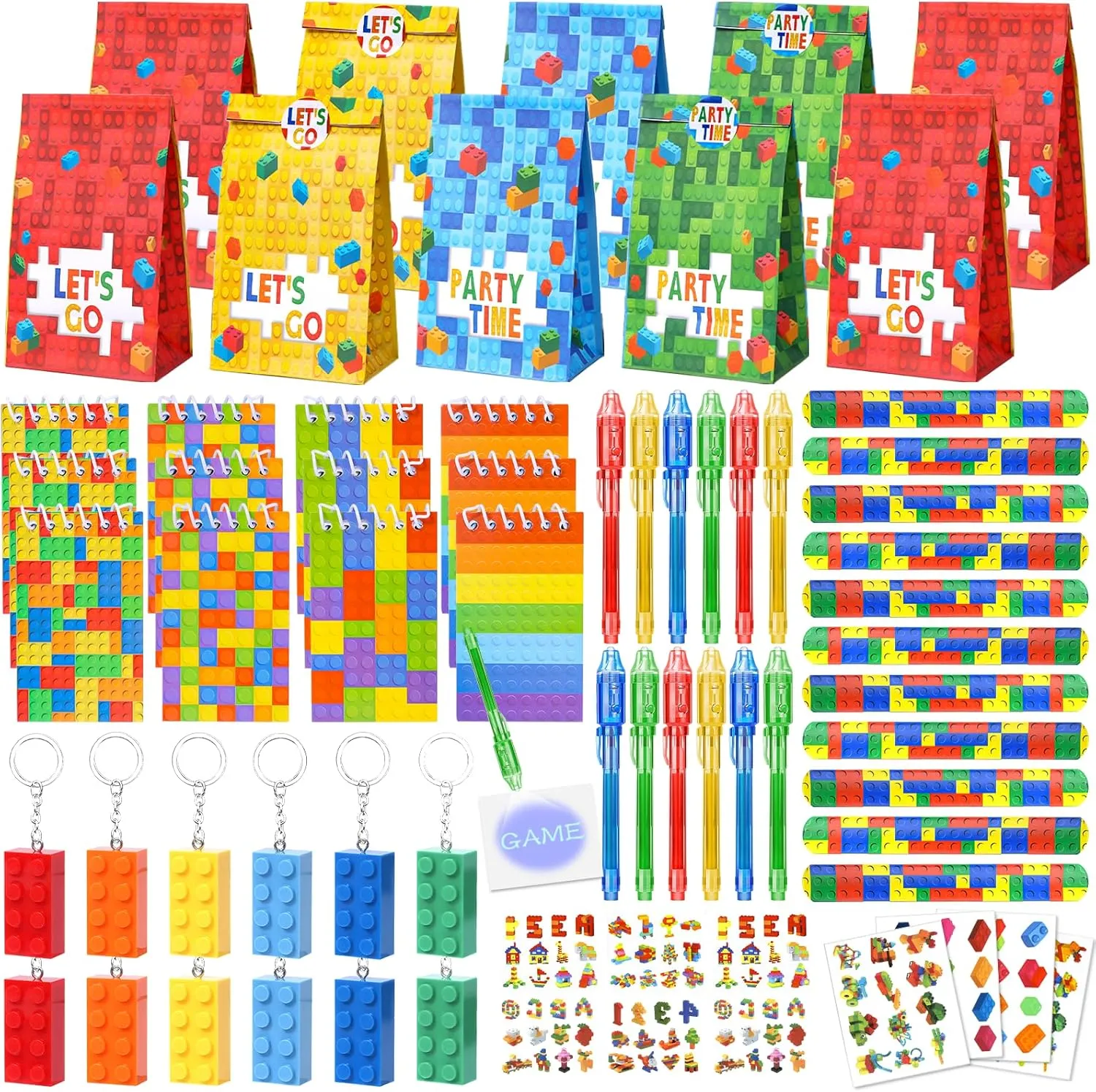12 Set Building Block Party Favors Birthday Supplies, Invisible Ink Pen Notebook Sticker Keychain Slap Bracelet, Kid Boy Girl Toy Gifts Goodie Bag Stuffer, Party Favors for Kids 3-5 4-8