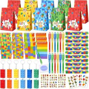 12 Set Building Block Party Favors Birthday Supplies, Invisible Ink Pen Notebook Sticker Keychain Slap Bracelet, Kid Boy Girl Toy Gifts Goodie Bag Stuffer, Party Favors for Kids 3-5 4-8