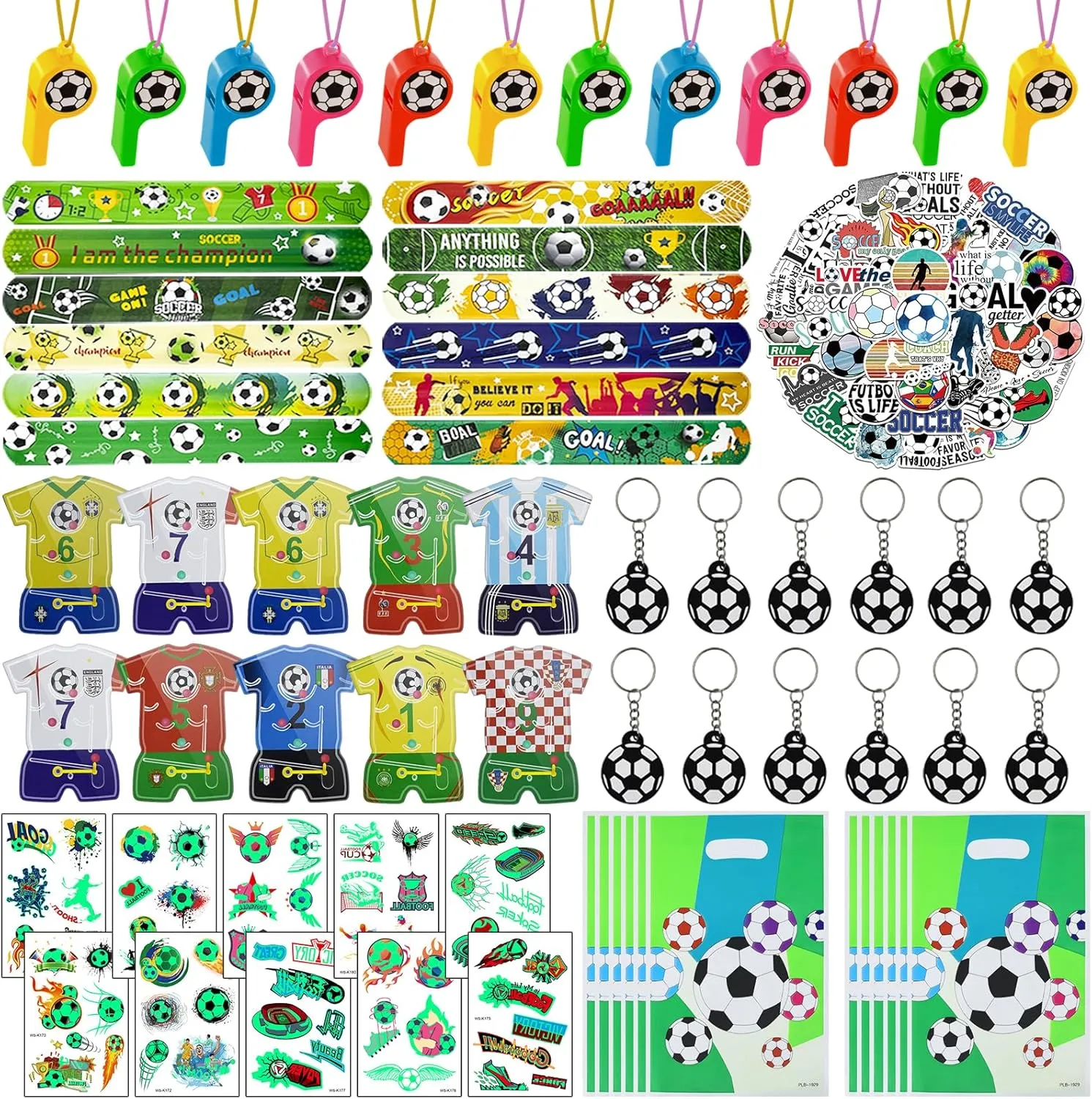 122 Pcs Soccer Party Favors Set with Goodie Bags, Slap Bracelets, Tattoo Stickers, Puzzle Toys, Stickers, Whistles, Party Supplies and Decorations