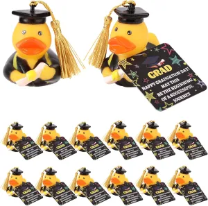 12pcs Graduation Hats Rubber Duck 2025 with Cards, Mini Grad Ducks with Cap & Diploma for Party Favors Bath Toys Car Dashboard Decor Cake Toppers Graduation Gifts (Gold)