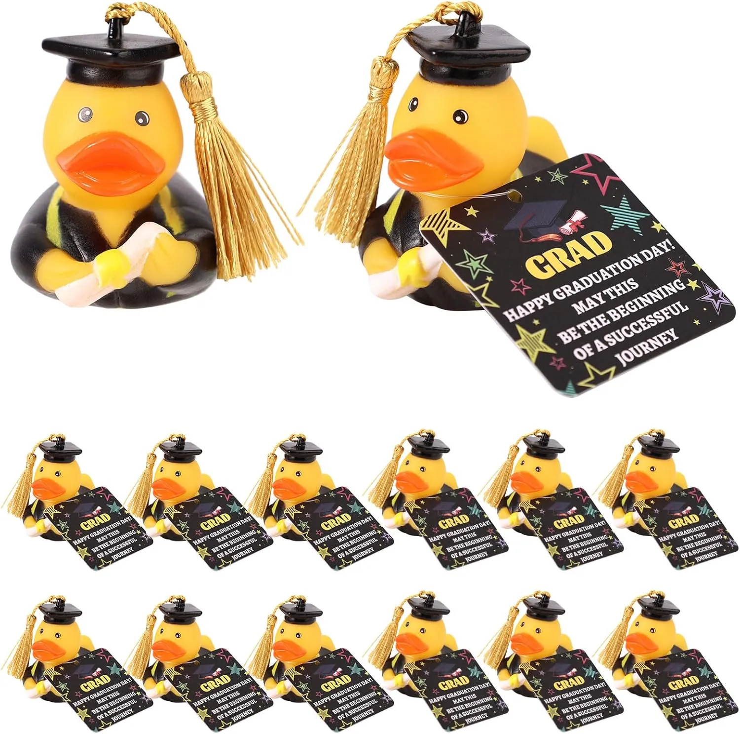 12pcs Graduation Hats Rubber Duck 2025 with Cards, Mini Grad Ducks with Cap & Diploma for Party Favors Bath Toys Car Dashboard Decor Cake Toppers Graduation Gifts (Gold)