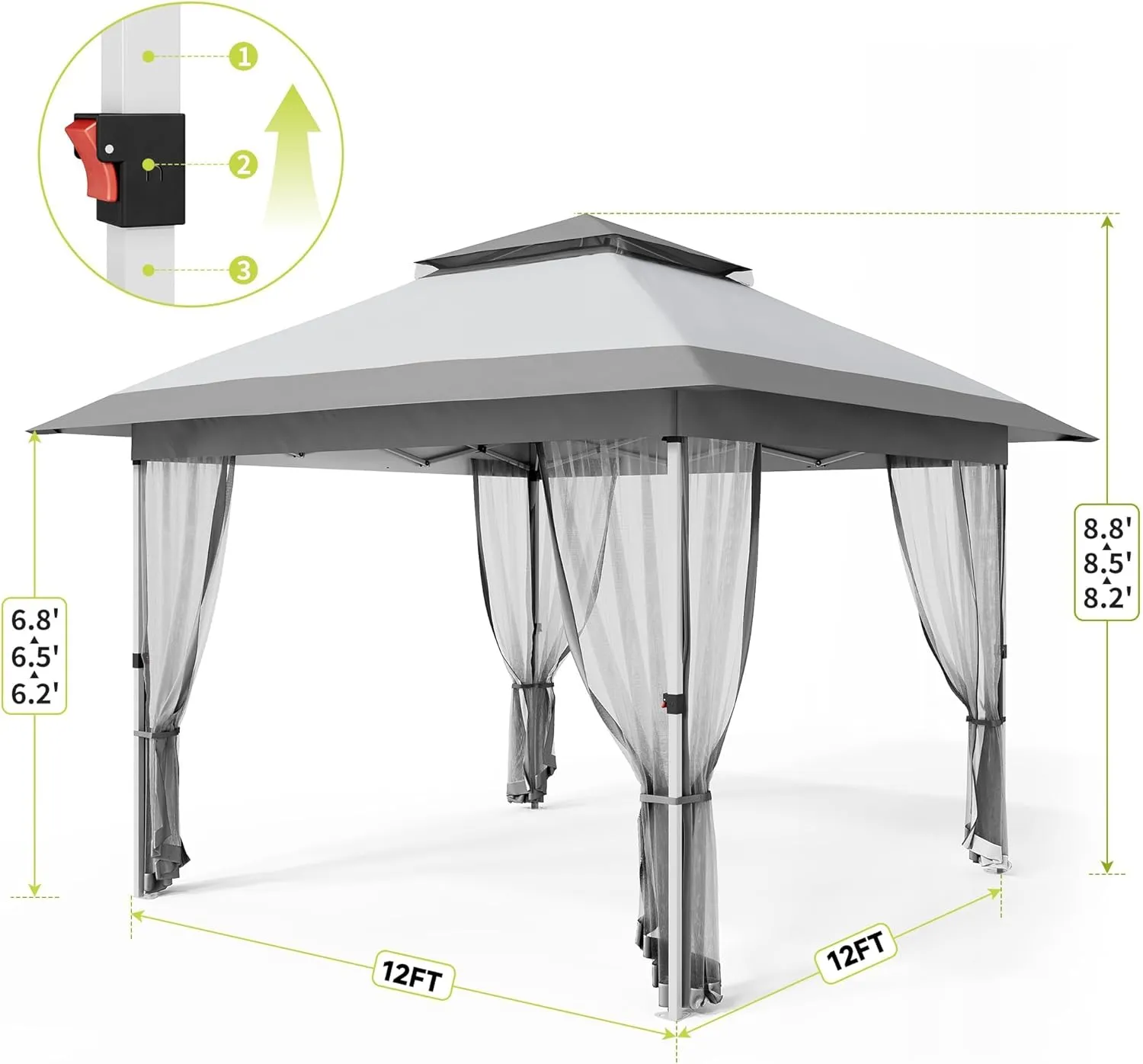 12x12 FT Canopy Tent, Pop Up Gazebo with Mosquito Netting, Adjustable Height Outdoor Gazebo with Wheeled Carry Bag for Backyard, Garden, Patio -All-Weather UV/Waterproof Shelter
