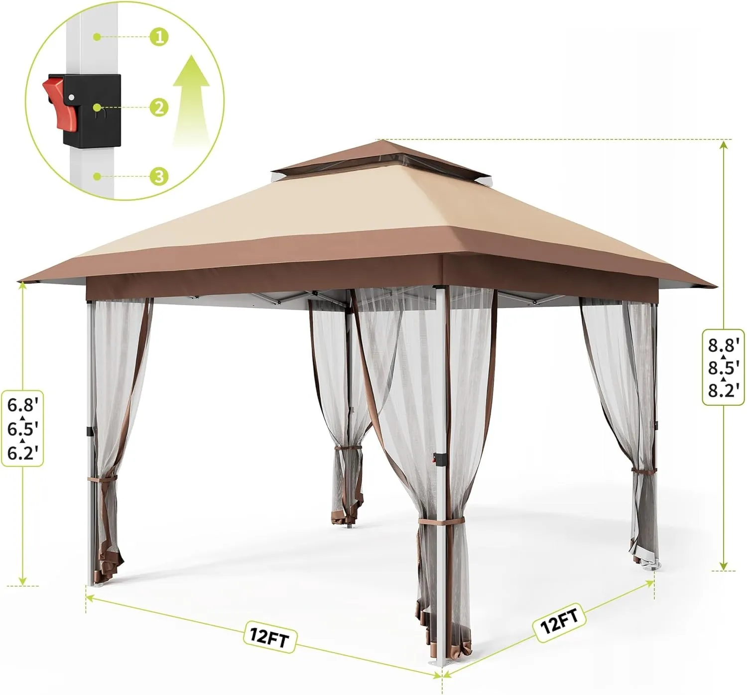 12x12 FT Canopy Tent, Pop Up Gazebo with Mosquito Netting, Adjustable Height Outdoor Gazebo with Wheeled Carry Bag for Backyard, Garden, Patio -All-Weather UV/Waterproof Shelter