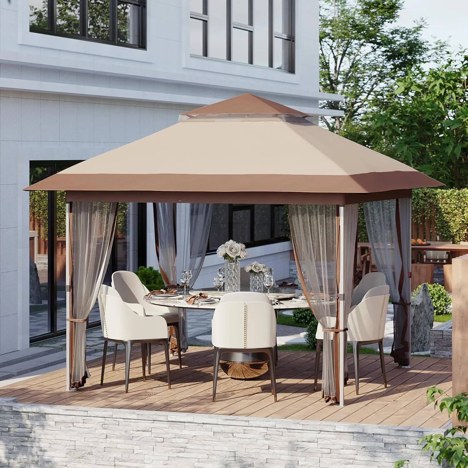 12x12 FT Canopy Tent, Pop Up Gazebo with Mosquito Netting, Adjustable Height Outdoor Gazebo with Wheeled Carry Bag for Backyard, Garden, Patio -All-Weather UV/Waterproof Shelter
