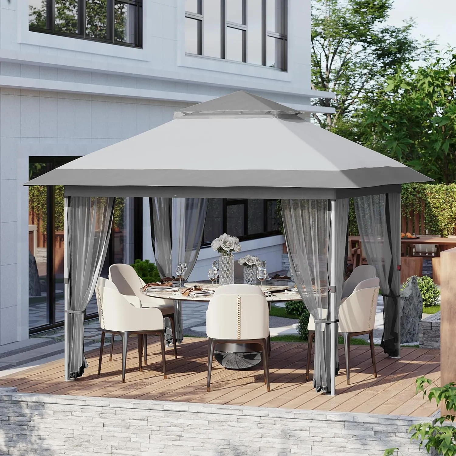 12x12 FT Canopy Tent, Pop Up Gazebo with Mosquito Netting, Adjustable Height Outdoor Gazebo with Wheeled Carry Bag for Backyard, Garden, Patio -All-Weather UV/Waterproof Shelter
