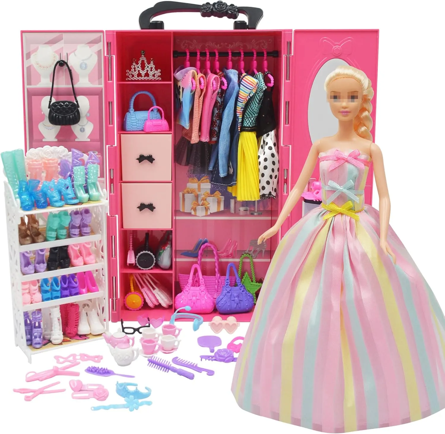 161 PCS 11.5 Inch Girl Doll Closet Wardrobe with Clothes and Accessories Including Wardrobe Shoes Rack Clothes Dress Swimsuits Shoes Hangers Crown Necklace and Other Accessories
