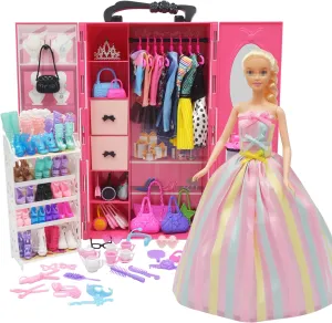 161 PCS 11.5 Inch Girl Doll Closet Wardrobe with Clothes and Accessories Including Wardrobe Shoes Rack Clothes Dress Swimsuits Shoes Hangers Crown Necklace and Other Accessories