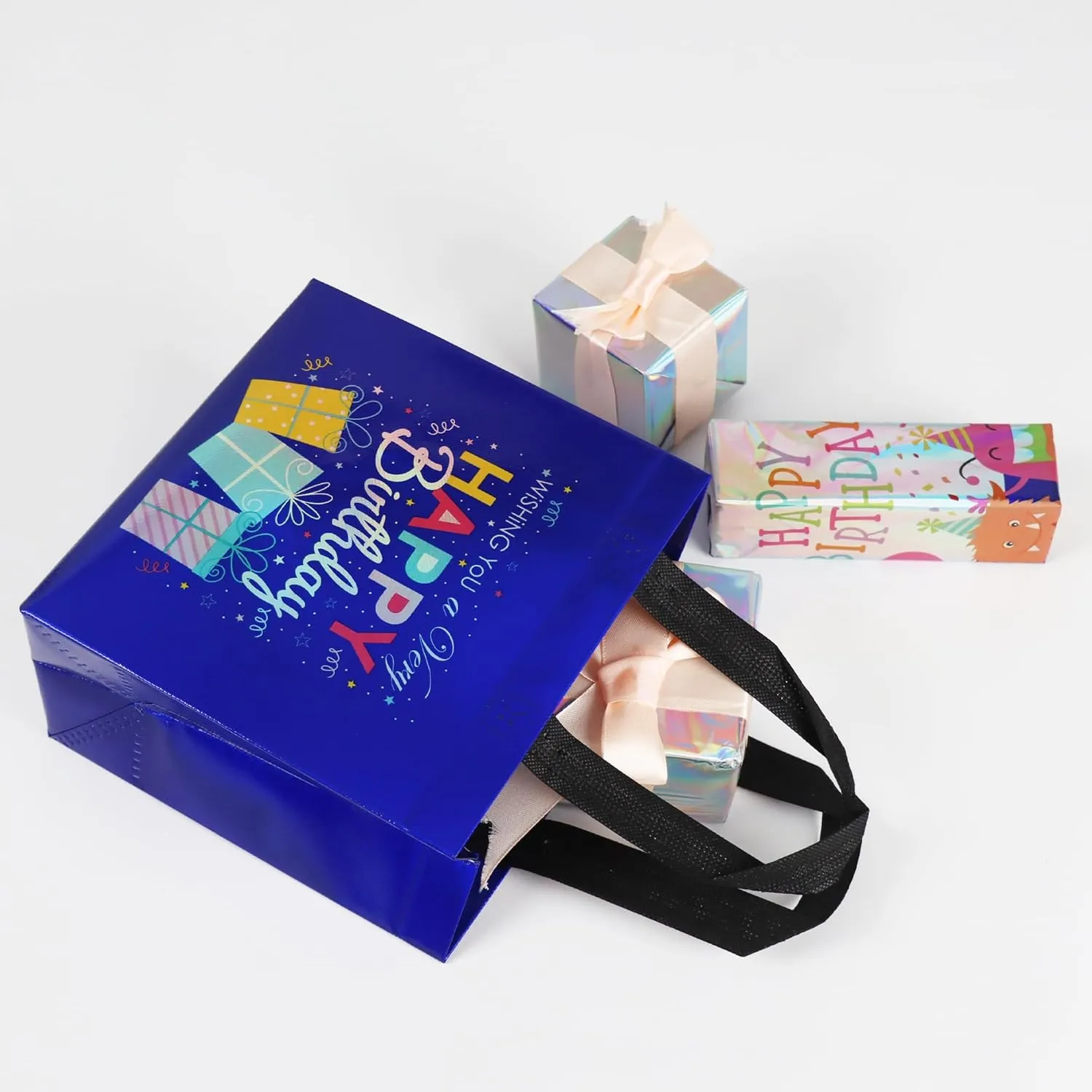 18 Pcs Blue Small Happy Birthday Gift Bags Bulk- with Funny Gift Design, Glossy Reusable Goodie Bags for Baby, Girls, Boys, Birthday Party- 8 x 3.9 x 8 In