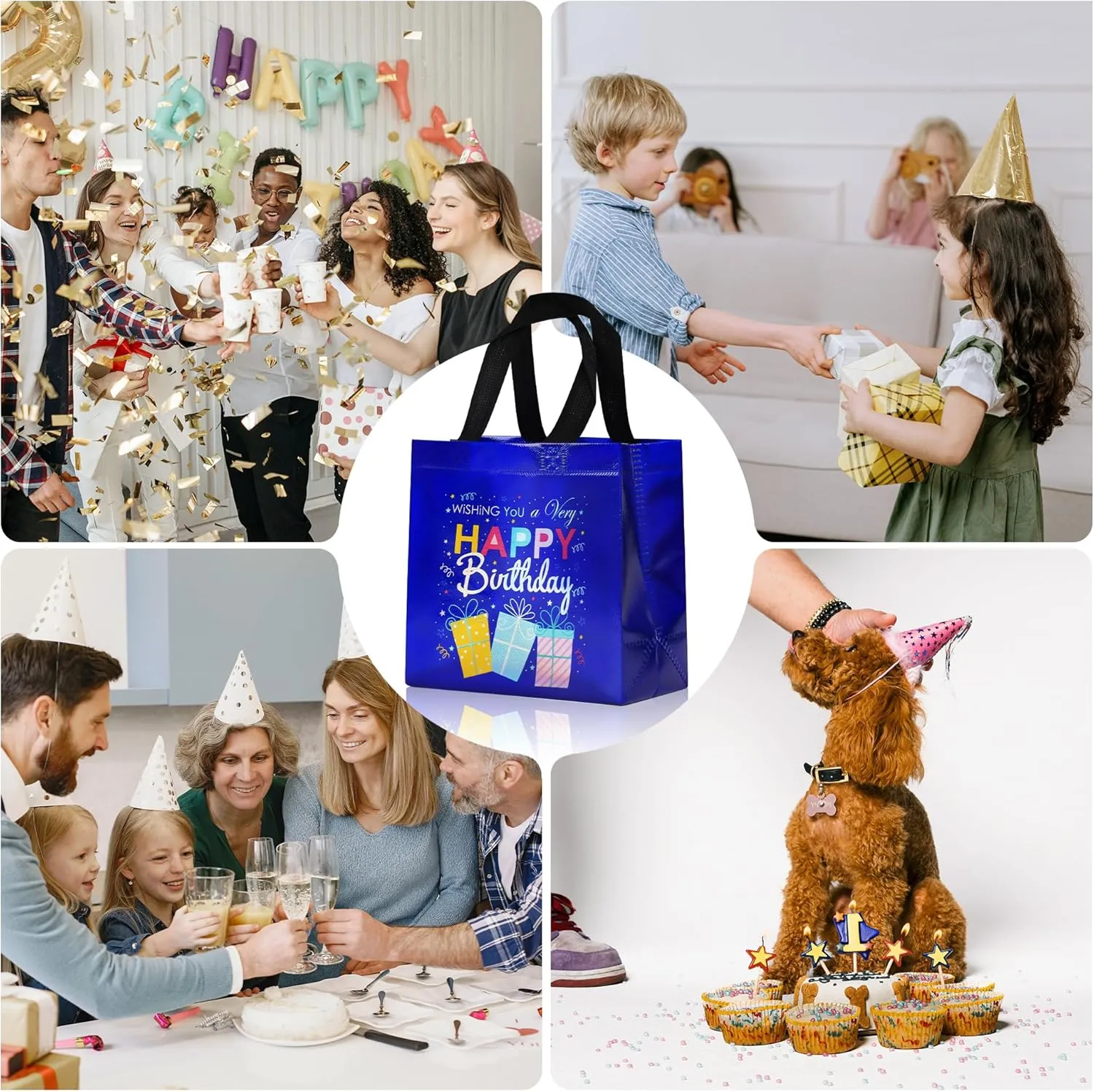18 Pcs Blue Small Happy Birthday Gift Bags Bulk- with Funny Gift Design, Glossy Reusable Goodie Bags for Baby, Girls, Boys, Birthday Party- 8 x 3.9 x 8 In