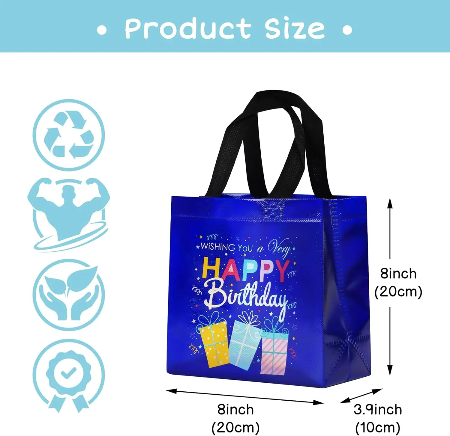18 Pcs Blue Small Happy Birthday Gift Bags Bulk- with Funny Gift Design, Glossy Reusable Goodie Bags for Baby, Girls, Boys, Birthday Party- 8 x 3.9 x 8 In