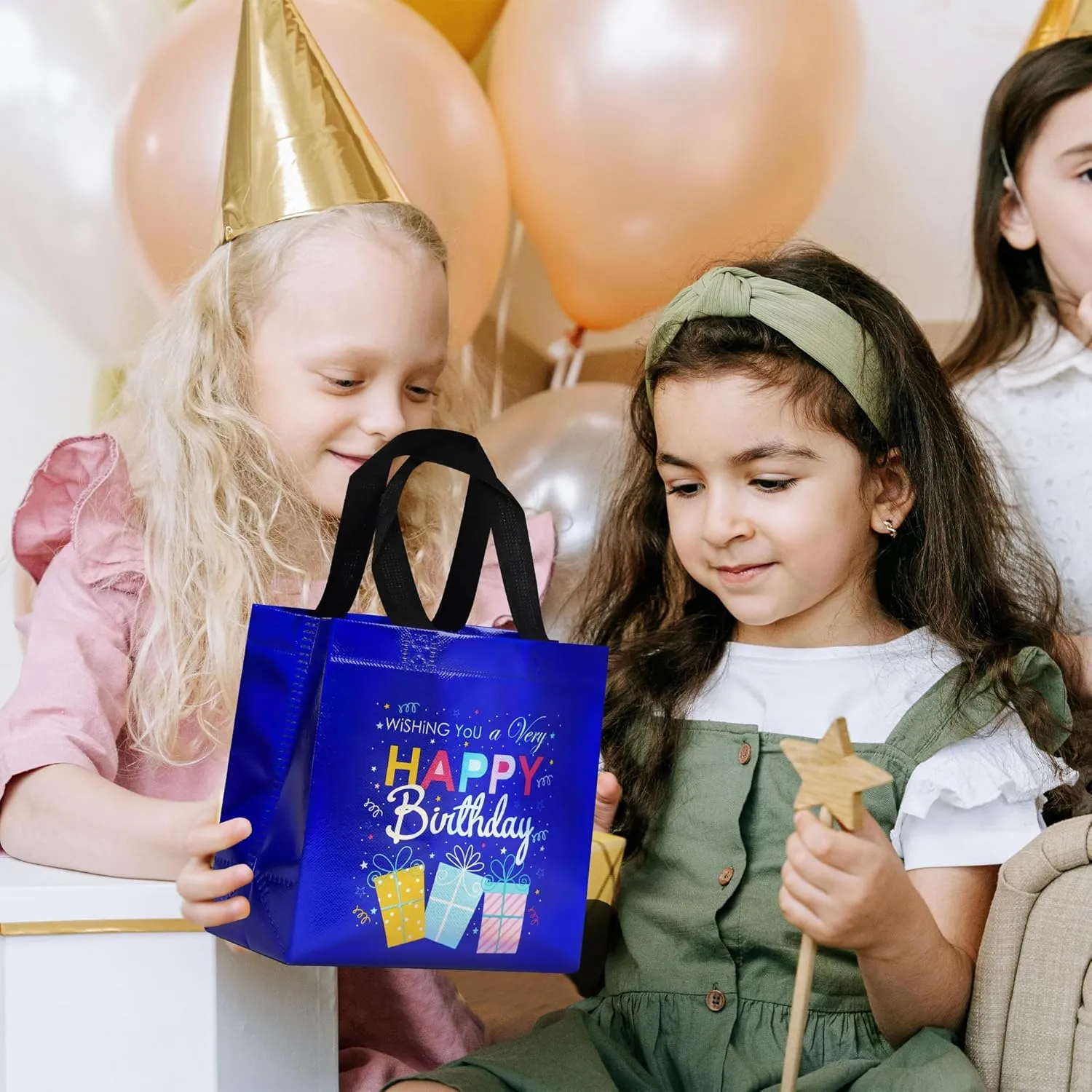 18 Pcs Blue Small Happy Birthday Gift Bags Bulk- with Funny Gift Design, Glossy Reusable Goodie Bags for Baby, Girls, Boys, Birthday Party- 8 x 3.9 x 8 In