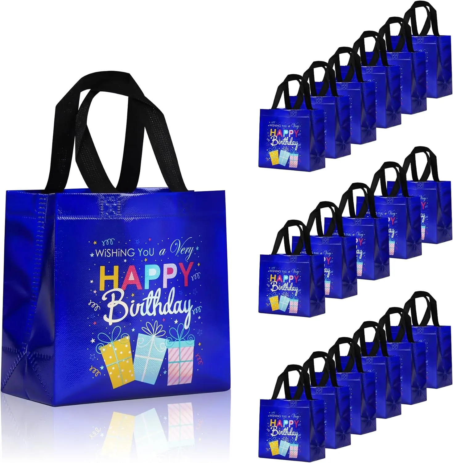 18 Pcs Blue Small Happy Birthday Gift Bags Bulk- with Funny Gift Design, Glossy Reusable Goodie Bags for Baby, Girls, Boys, Birthday Party- 8 x 3.9 x 8 In