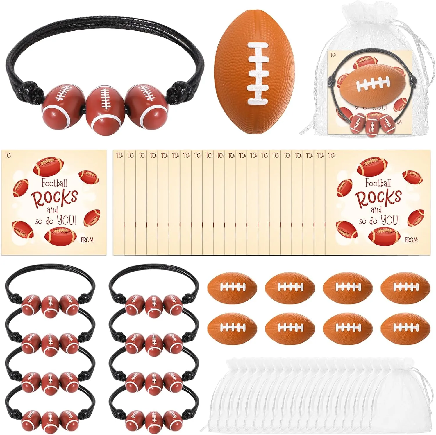 18 Sets Valentine's Day Football Gifts Mini Stress Balls Bracelets with Cards Football Team Gifts Party Favors for Valentine's Day Carnival Birthday