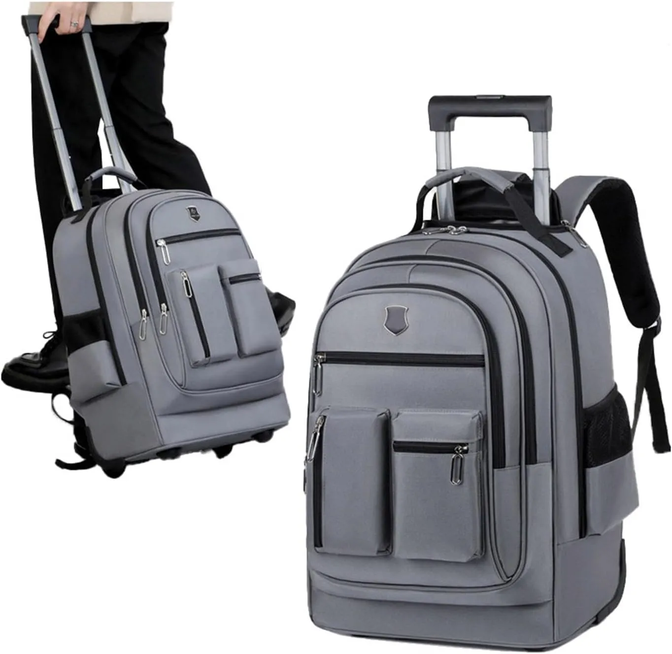18in Rolling Backpack with Wheels and Handle, Laptop Carry on Luggage Travel Bag Large Capacity Waterproof Airline Approved (Grey,Large)