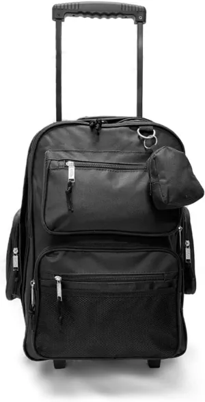 19" Telescoping Double Handles Rolling Backpack, Roller Wheeled Bookbag with Mini Pouch, Black