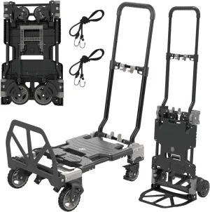 2-in-1 Folding Hand Truck, 330LBS Capacity Heavy Duty Dolly with Retractable Handle,4 Wheels and 2 Wheels Convertible Dolly Cart (Grey, Without Basket)