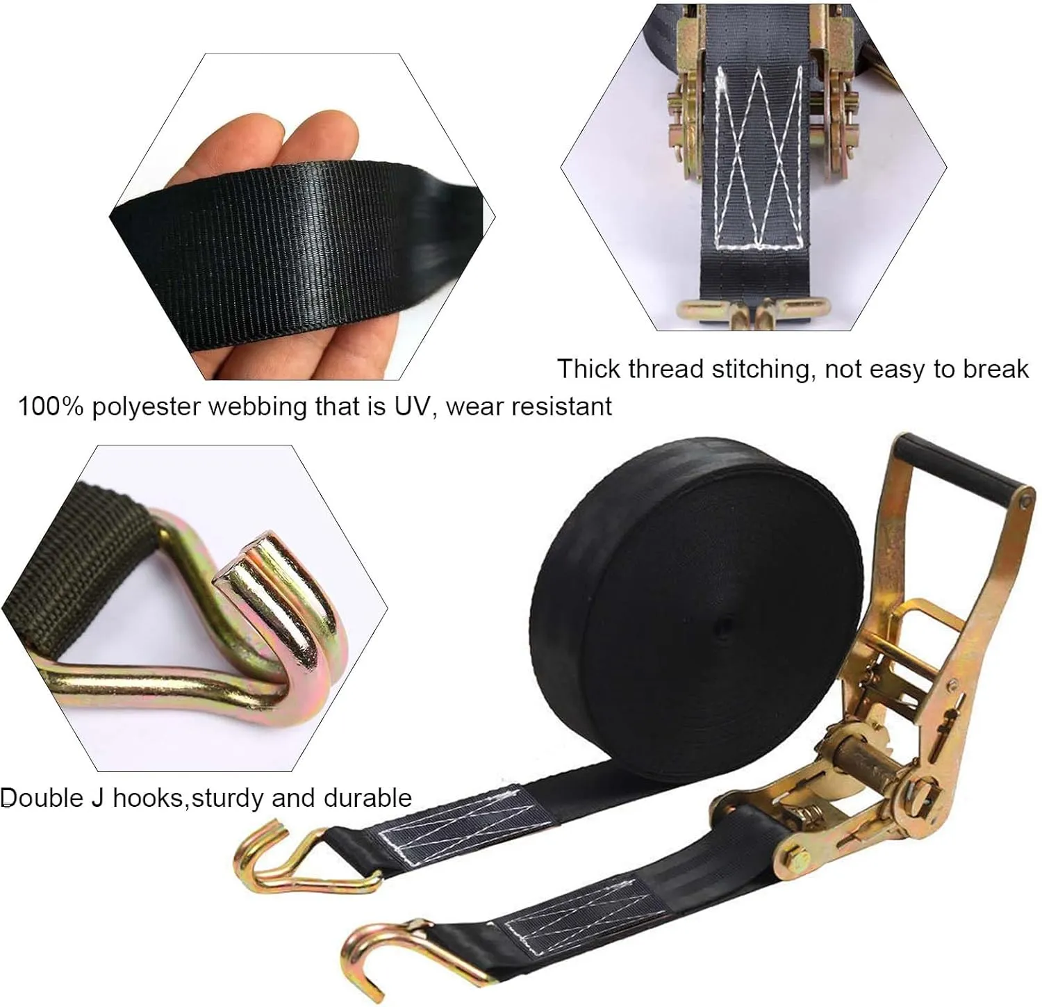 2 Pack Ratchet Straps Heavy Duty, 8000 LBS Break Strength Ratchet Strap Tie Down, 2” x 27ft Black Tie-Down Ratcheting Cargo Truck Straps with Durable Double J Hook for for Truck, Trailers, Car Roof