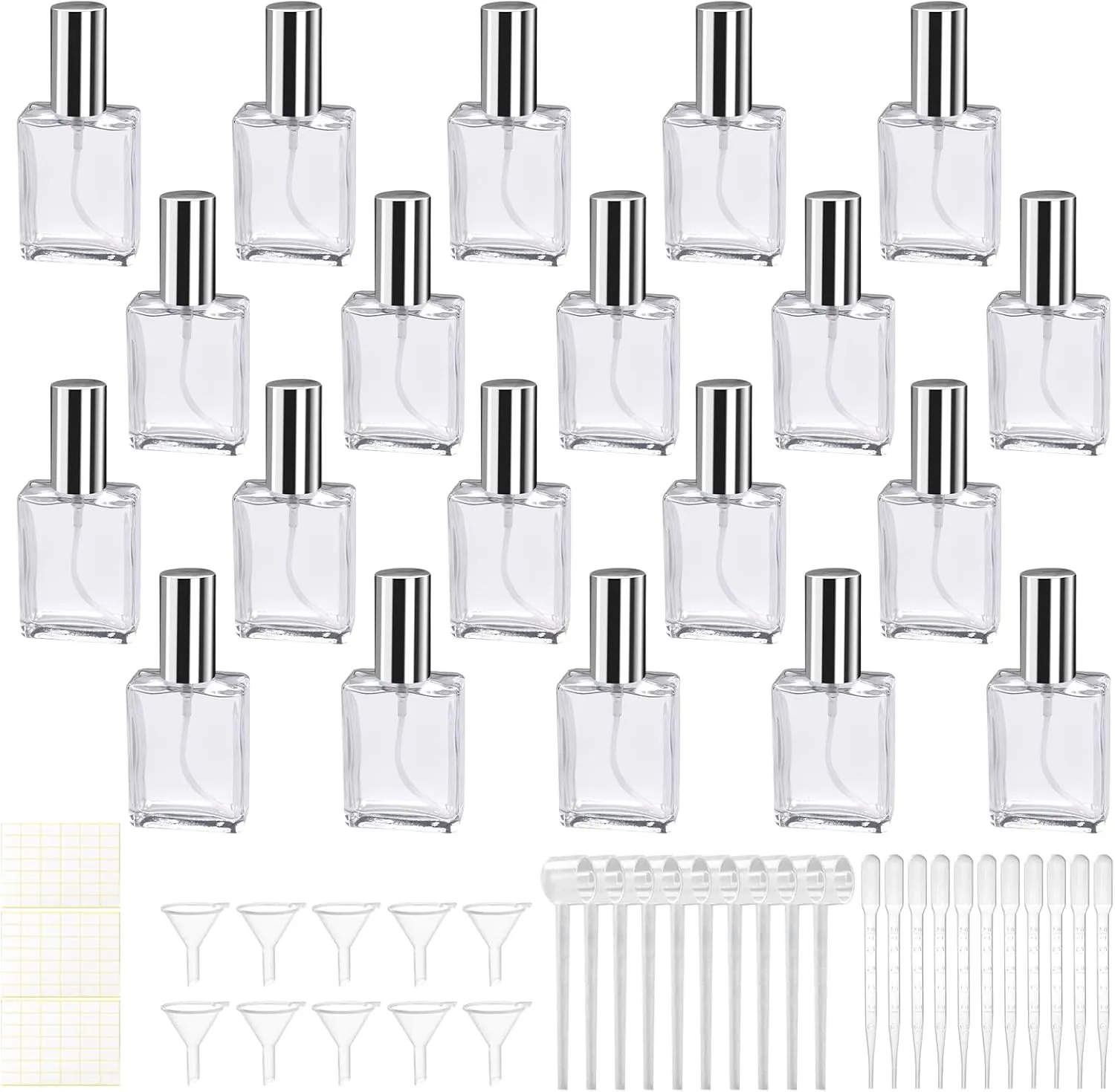 20 Pcs 15ml Clear Glass Fine Mist Atomizer Spray Bottles with 10 Funnels 10 Droppers 10 Dispensers Empty Glass Perfume Atomizer Refillable Mini Perfume Bottle for Fragrance Essential Oils