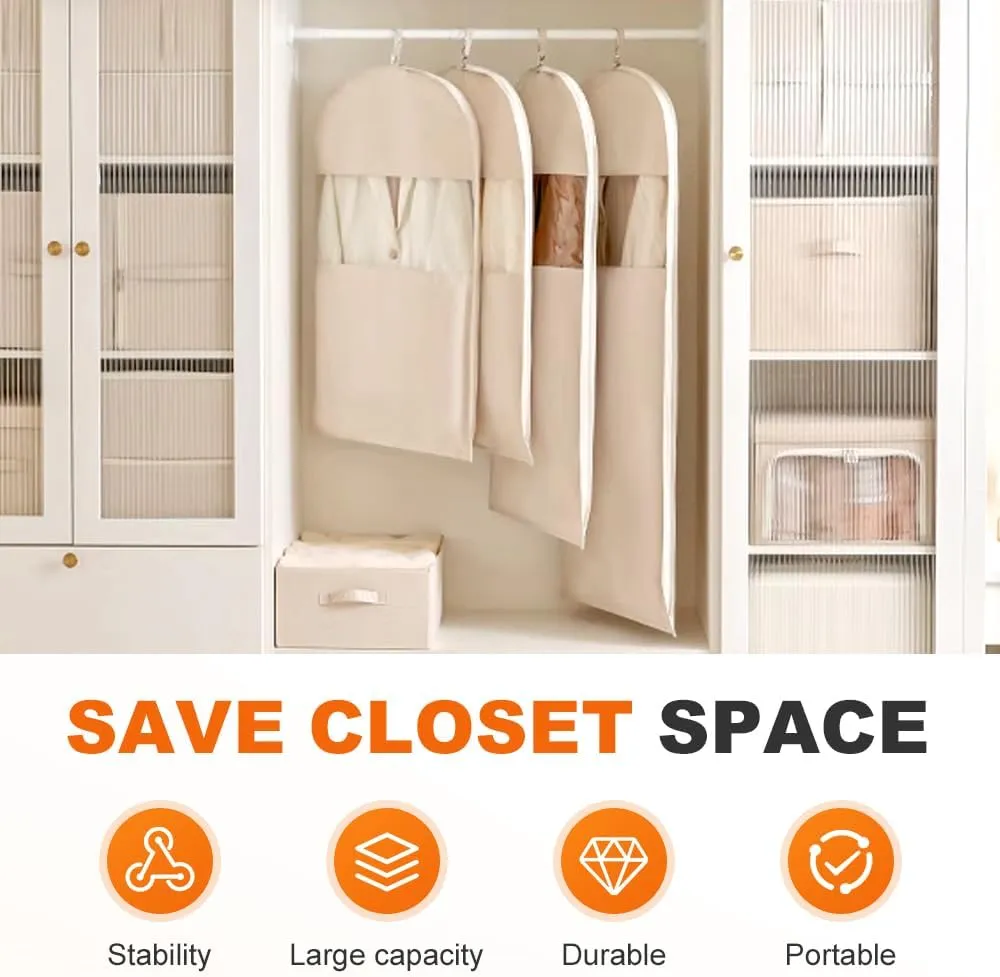 2025 Space Saving Hanging Garment Bag with Self Compression Zipper, Garment Bags for Hanging Clothes, Space Saver Dust Cover Clothes Storage Bags for Down Coat (Beige, Small)