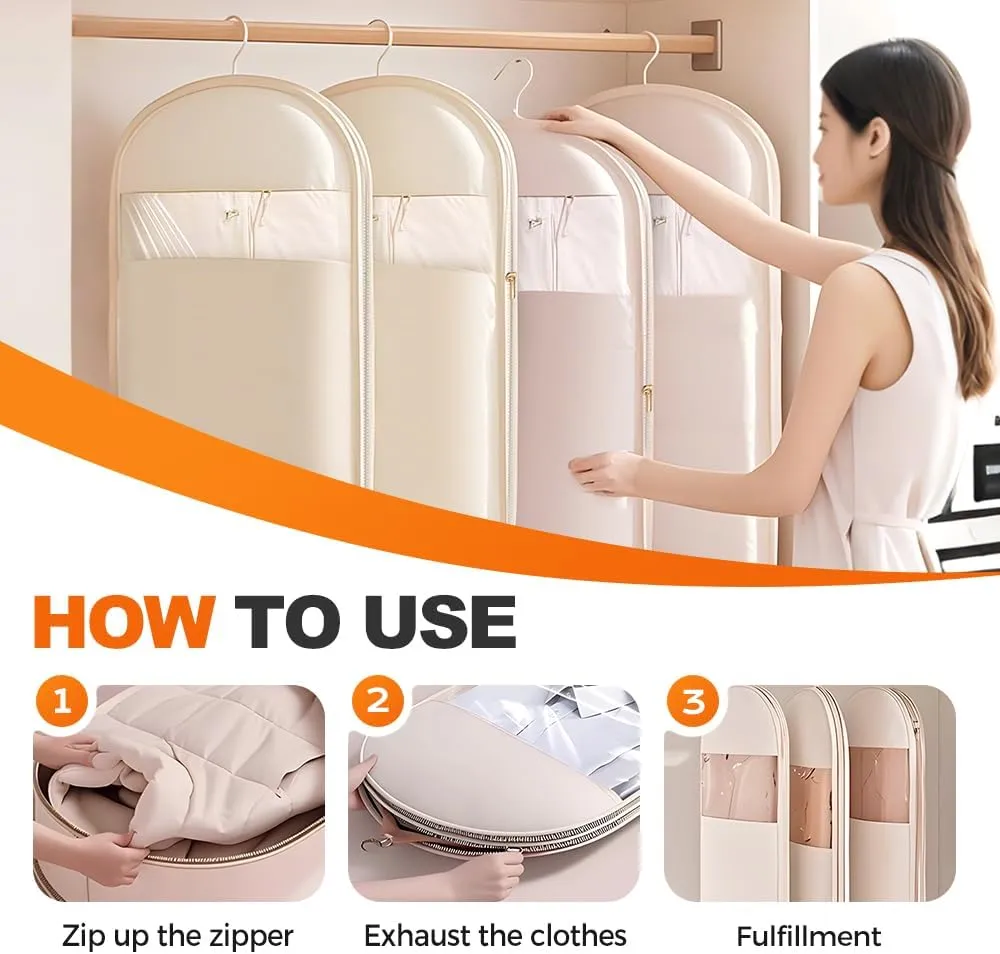 2025 Space Saving Hanging Garment Bag with Self Compression Zipper, Garment Bags for Hanging Clothes, Space Saver Dust Cover Clothes Storage Bags for Down Coat (Beige, Small)