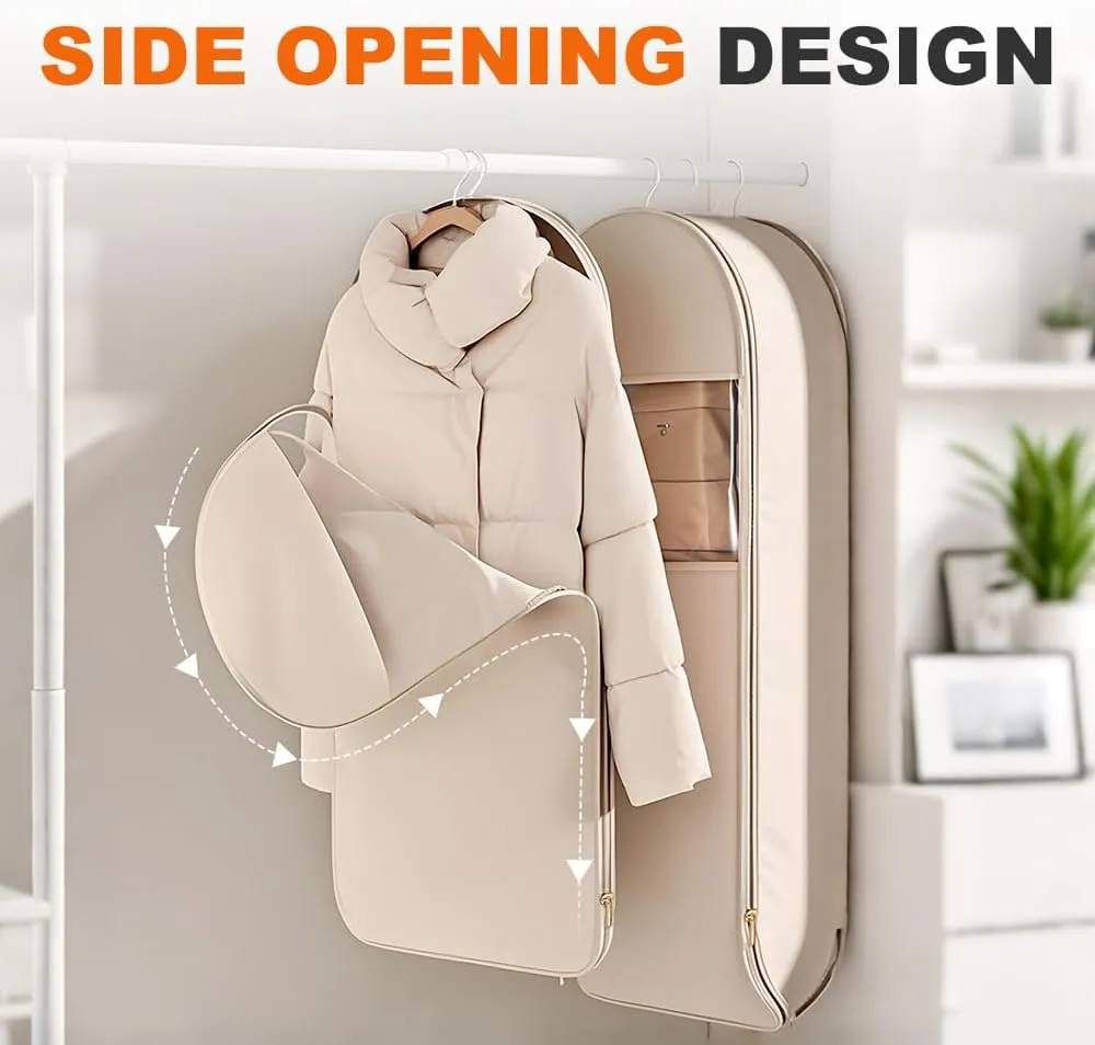 2025 Space Saving Hanging Garment Bag with Self Compression Zipper, Garment Bags for Hanging Clothes, Space Saver Dust Cover Clothes Storage Bags for Down Coat (Beige, Small)