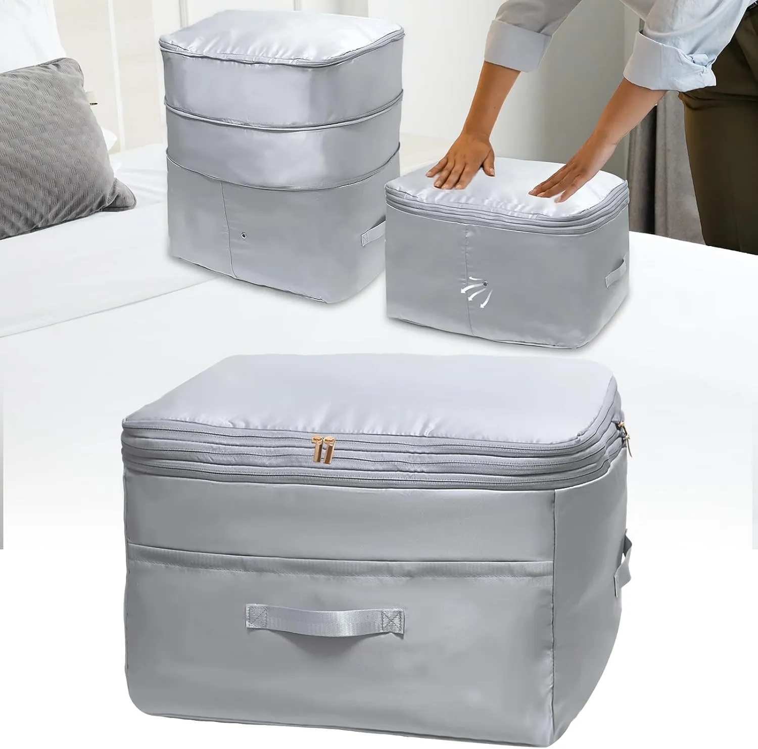 2025 Ultra Space Saving Self Compression Organizers, Double Zipper Compression Packing Cubes for Bedding, Comforter Storage Bag for Blankets Duvet Quilts Pillows Queen King (Gray, X-Large)