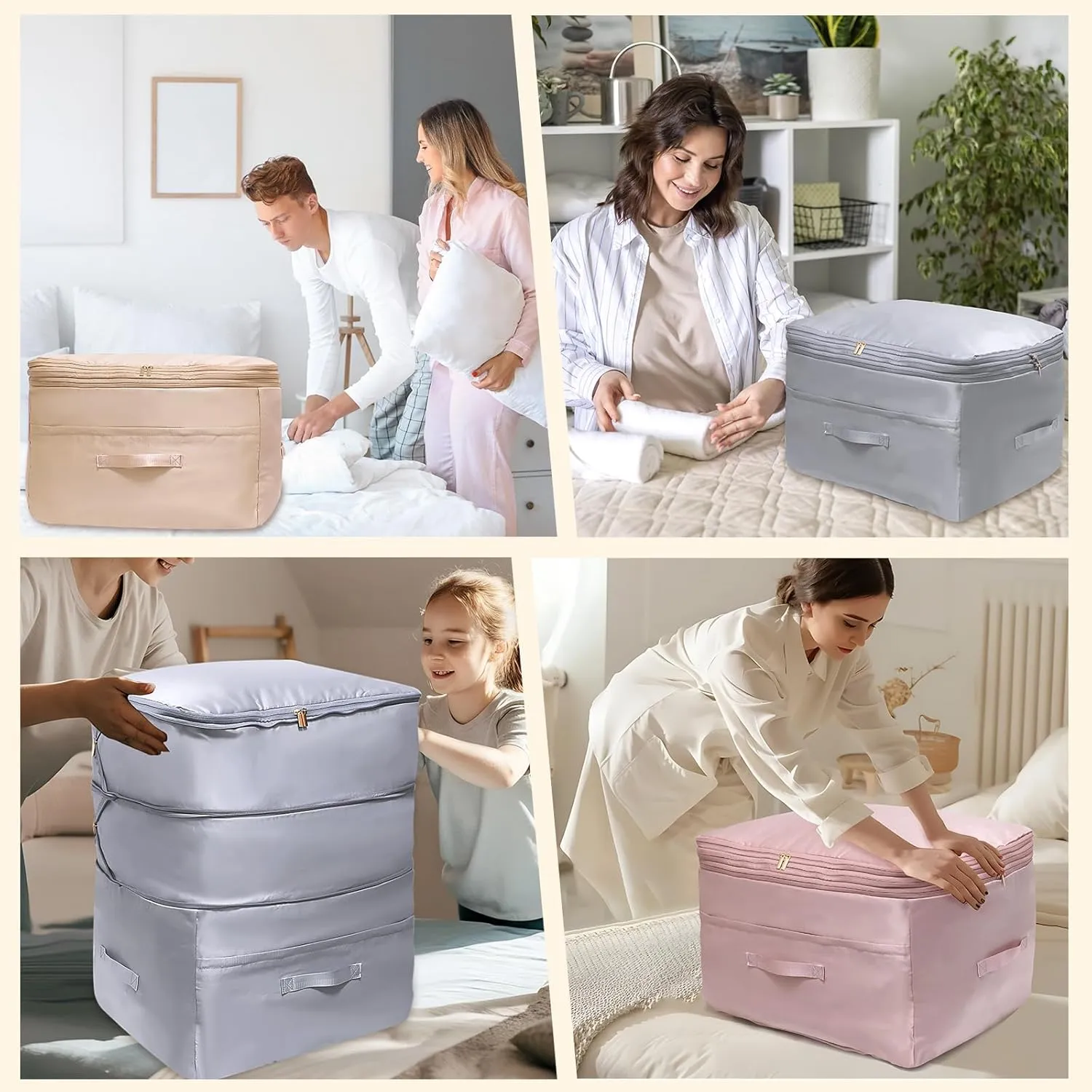 2025 Ultra Space Saving Self Compression Organizers, Double Zipper Compression Packing Cubes for Bedding, Comforter Storage Bag for Blankets Duvet Quilts Pillows Queen King (Gray, X-Large)