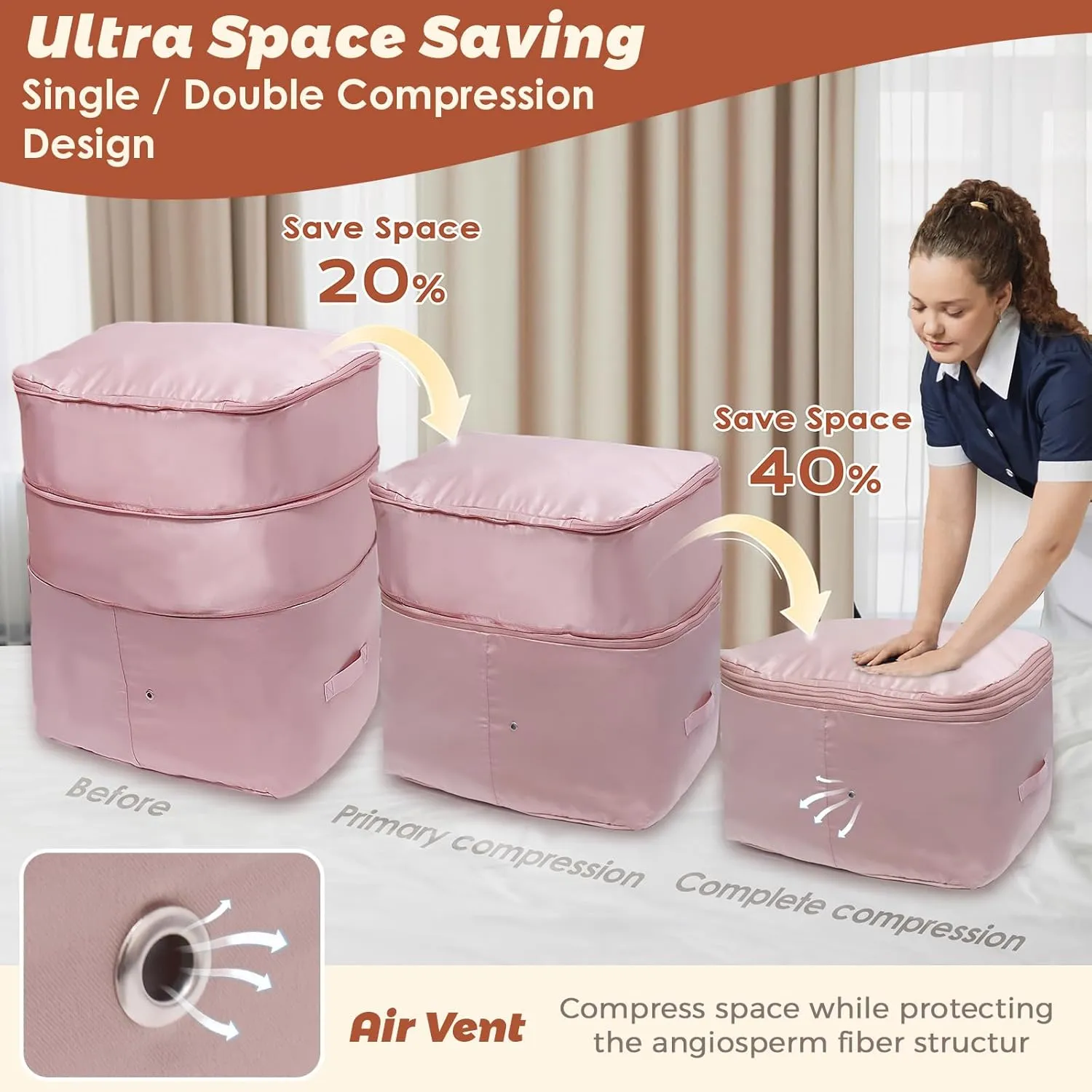 2025 Ultra Space Saving Self Compression Organizers, Double Zipper Compression Packing Cubes for Bedding, Comforter Storage Bag for Blankets Duvet Quilts Pillows Queen King (Gray, X-Large)