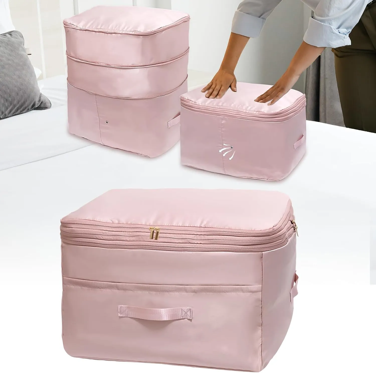 2025 Ultra Space Saving Self Compression Organizers, Double Zipper Compression Packing Cubes for Bedding, Comforter Storage Bag for Blankets Duvet Quilts Pillows Queen King (Pink, X-Large)