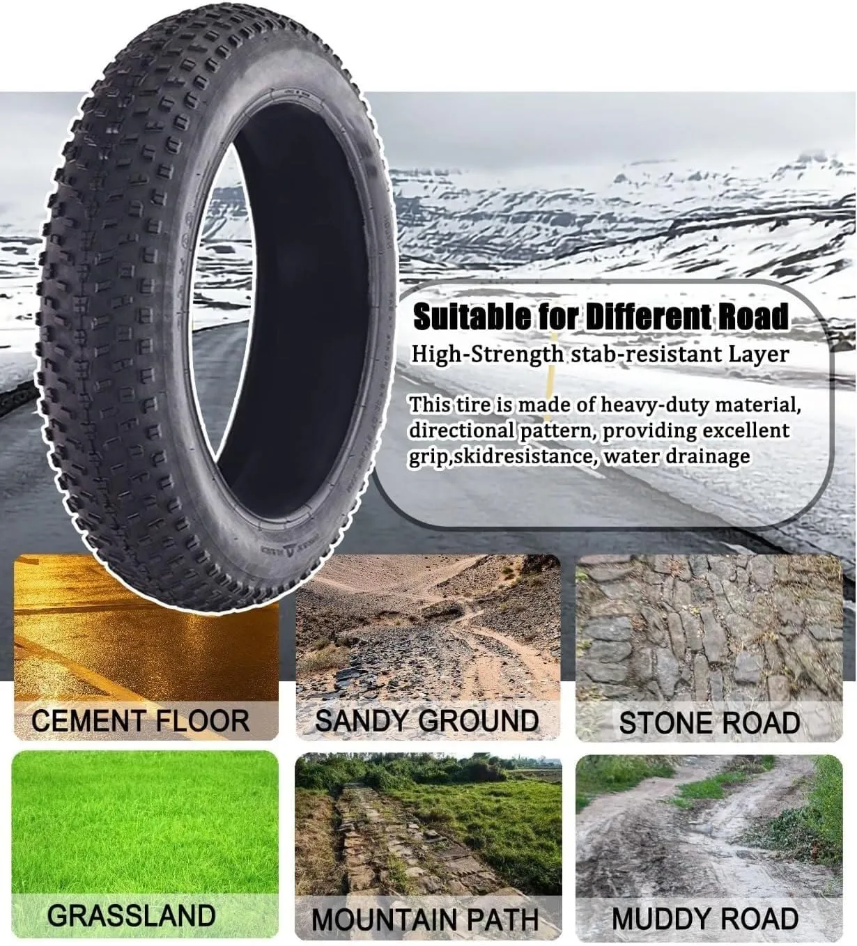 20/26 x 4.0-inch Bike Fat Tire for MTB and Ebikes or Three-Wheeled Bicycle | Folding Bead Tires 60TPI Durable All-Terrain Tread | Mountain Bike Snow Bicycle
