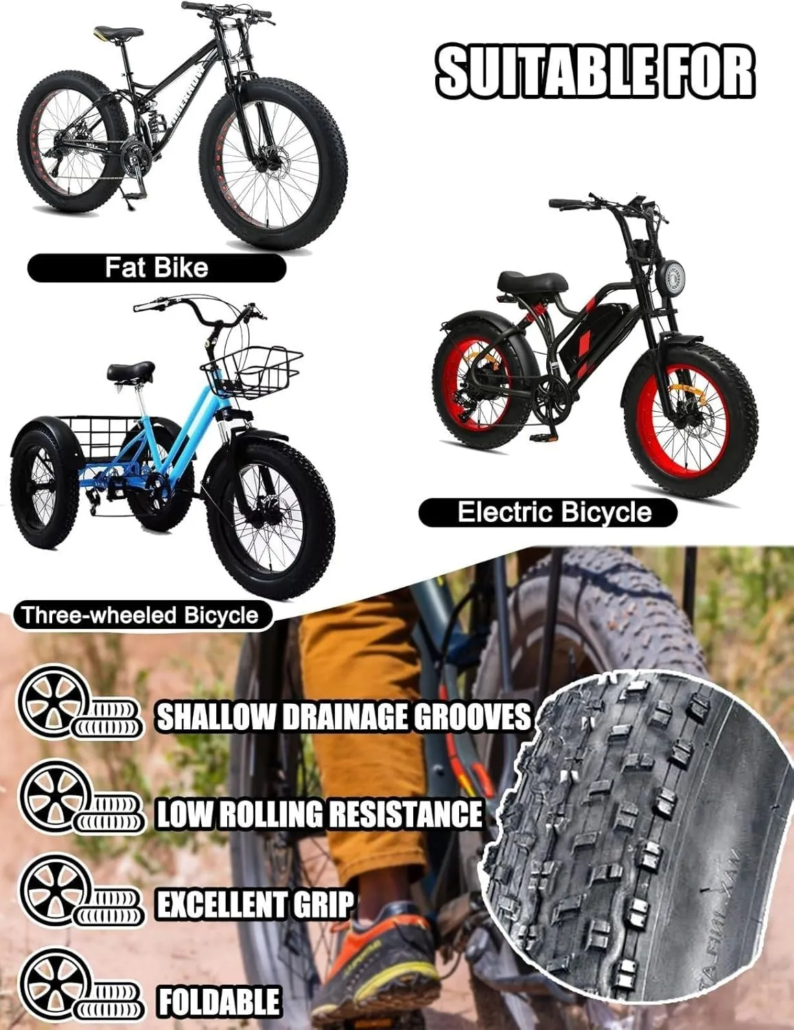 20/26 x 4.0-inch Bike Fat Tire for MTB and Ebikes or Three-Wheeled Bicycle | Folding Bead Tires 60TPI Durable All-Terrain Tread | Mountain Bike Snow Bicycle