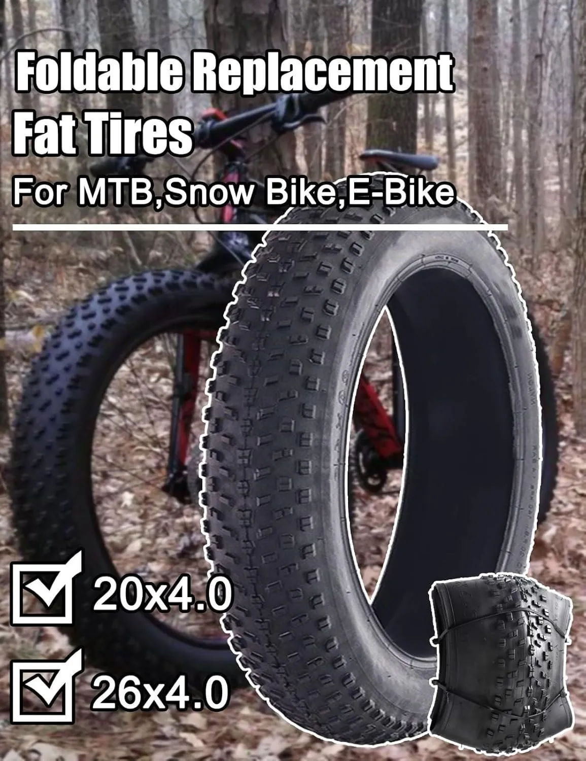 20/26 x 4.0-inch Bike Fat Tire for MTB and Ebikes or Three-Wheeled Bicycle | Folding Bead Tires 60TPI Durable All-Terrain Tread | Mountain Bike Snow Bicycle