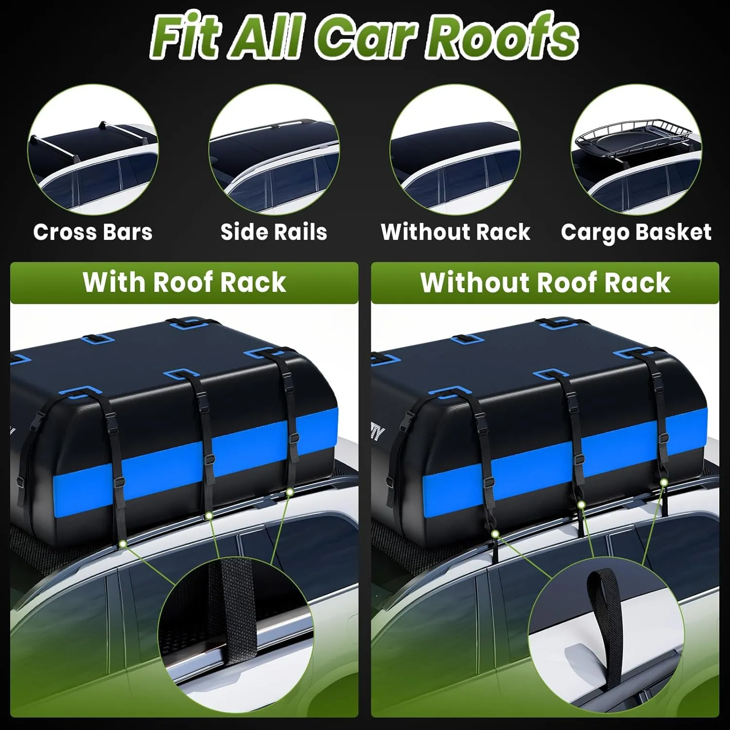 21 Cubic Feet Car Rooftop Cargo Bag Carrier, Soft Roof Top Luggage Bag for All Vechicles with/Without Rack - with Waterproof Zip, Anti-Slip Mat, Luggage Lock, Storage Bag, Door Hooks, Blue