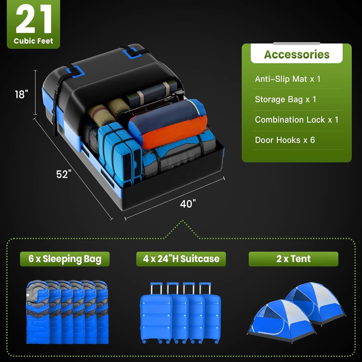 21 Cubic Feet Car Rooftop Cargo Bag Carrier, Soft Roof Top Luggage Bag for All Vechicles with/Without Rack - with Waterproof Zip, Anti-Slip Mat, Luggage Lock, Storage Bag, Door Hooks, Blue