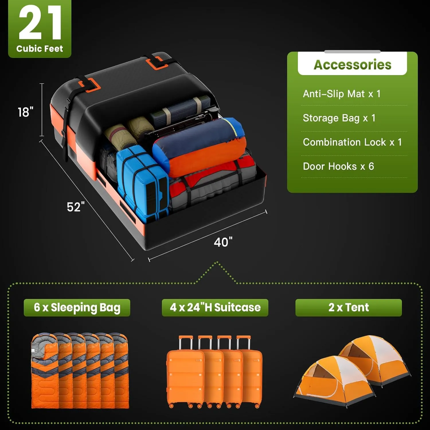 21 Cubic Feet Car Rooftop Cargo Bag Carrier, Soft Roof Top Luggage Bag for All Vechicles with/Without Rack - with Waterproof Zip, Anti-Slip Mat, Luggage Lock, Storage Bag, Door Hooks, Orange