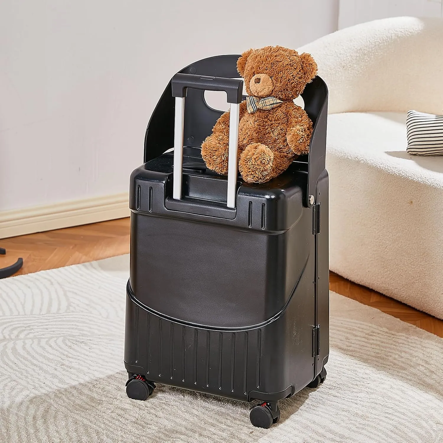 22 Inch Ride On Luggage with Storable Seat for Kids Hardshell Suitcase with Lockable Spinner Wheels and TSA Lock for Travel (Black, 22-Inch)