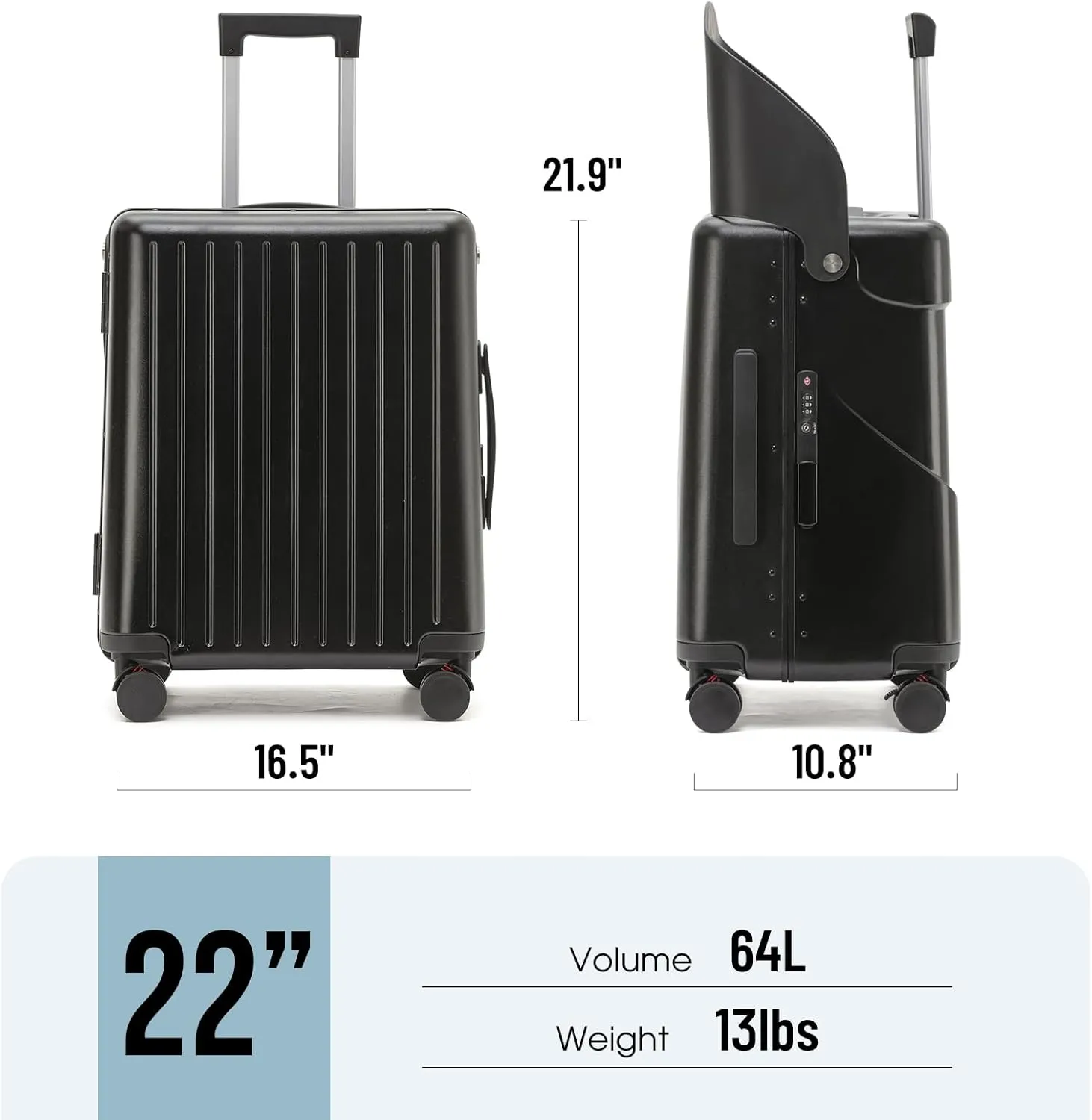 22 Inch Ride On Luggage with Storable Seat for Kids Hardshell Suitcase with Lockable Spinner Wheels and TSA Lock for Travel (Black, 22-Inch)