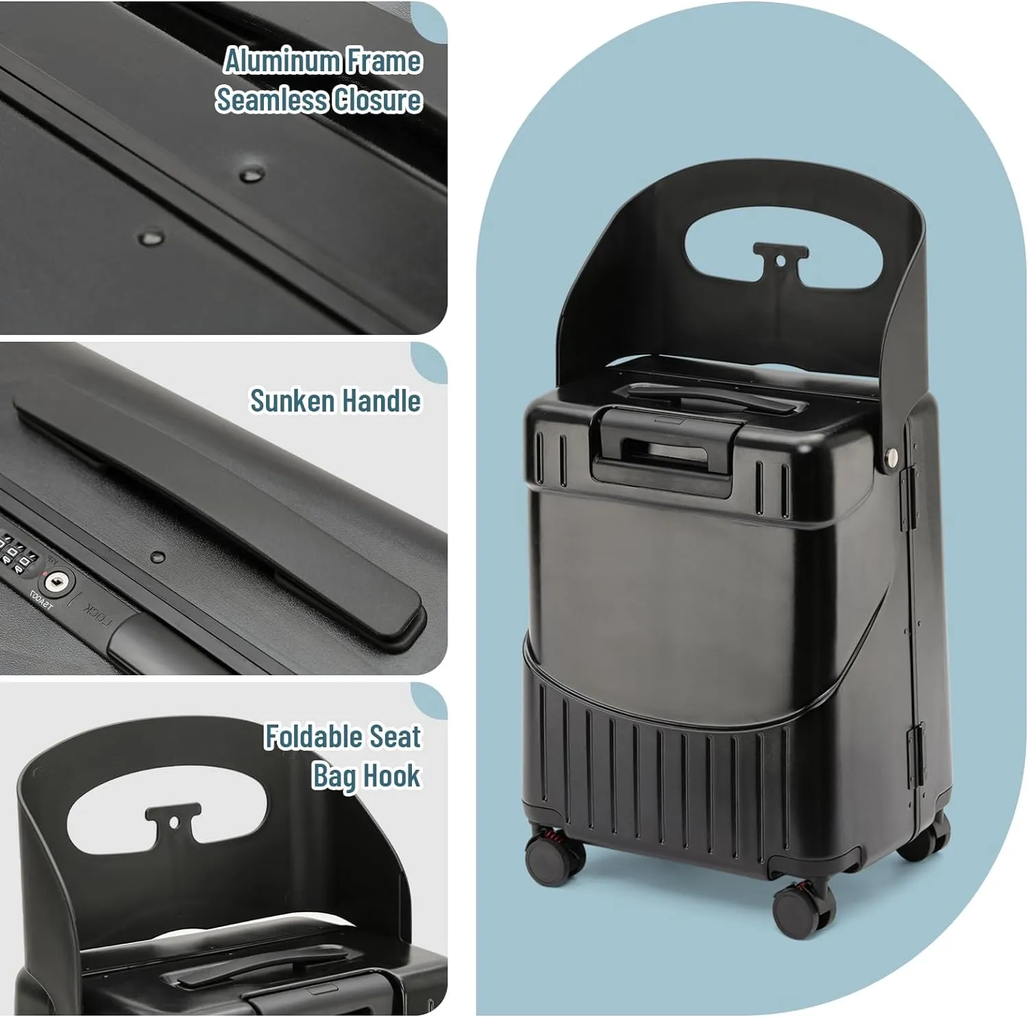 22 Inch Ride On Luggage with Storable Seat for Kids Hardshell Suitcase with Lockable Spinner Wheels and TSA Lock for Travel (Black, 22-Inch)