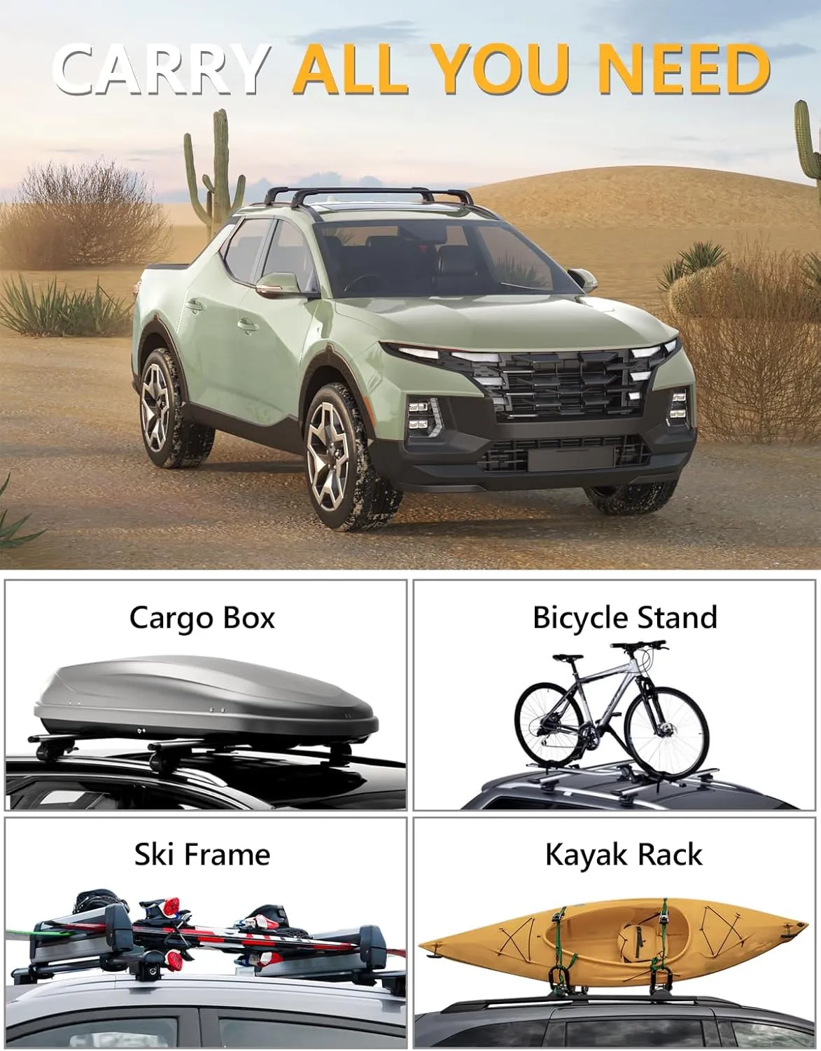 220lbs Lockable Roof Rack Cross Bars Compatible with Hyundai Santa Cruz 2021-2025 SE SEL Premium Night Limited, Heavy Duty Anti-Theft Aluminum Roof Rails Crossbars Cargo Carrier Bag Black Bike