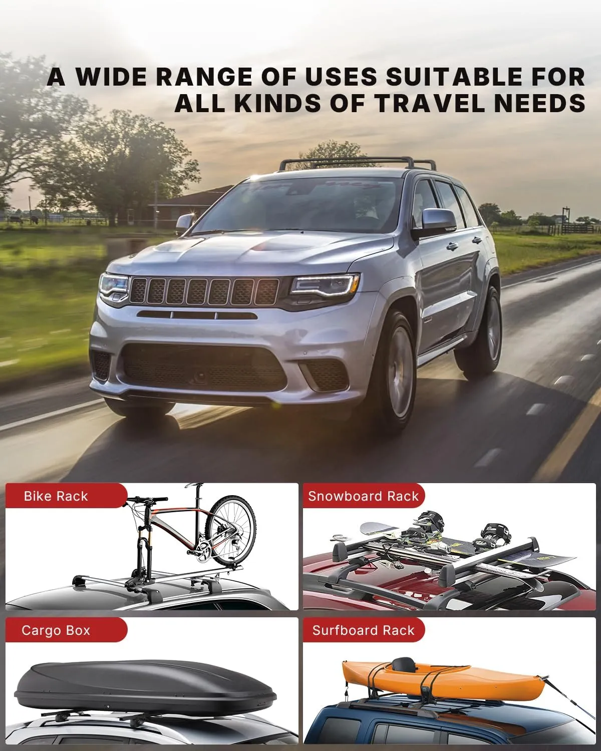 220LBS Roof Rack Cross Bars for 2011-2022 Grand Cherokee Altitude/SRT/Trackhawk with Roof Black Moldings, Aluminum Cross Bar with Anti-Theft Locks for Cargo Rooftop Luggage Canoe Kayak Roof Bag