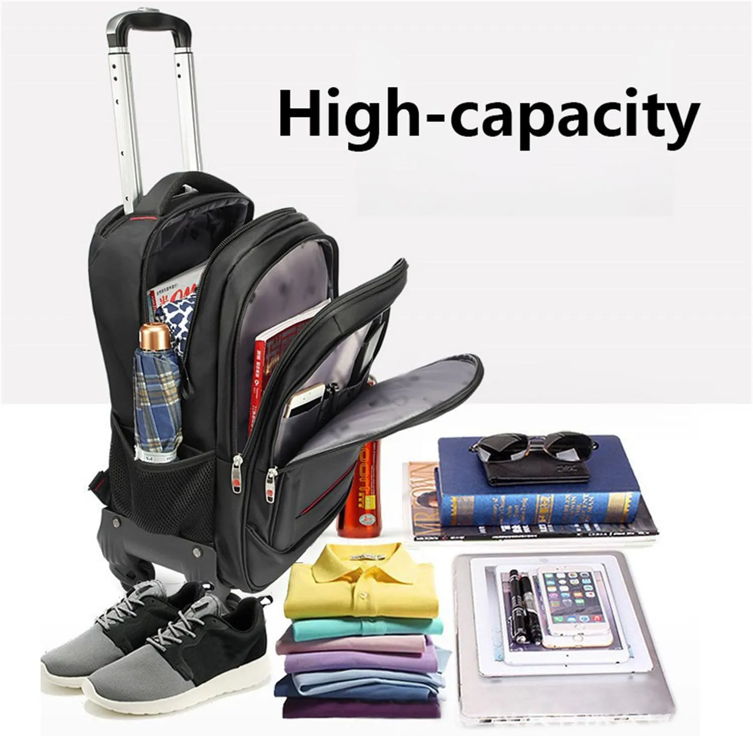 22in Rolling Backpack with 360 Detachable Wheels for Men Women Airline Approved Carry on Large Size Laptop Travel Business Luggage Bag (Black,20in)